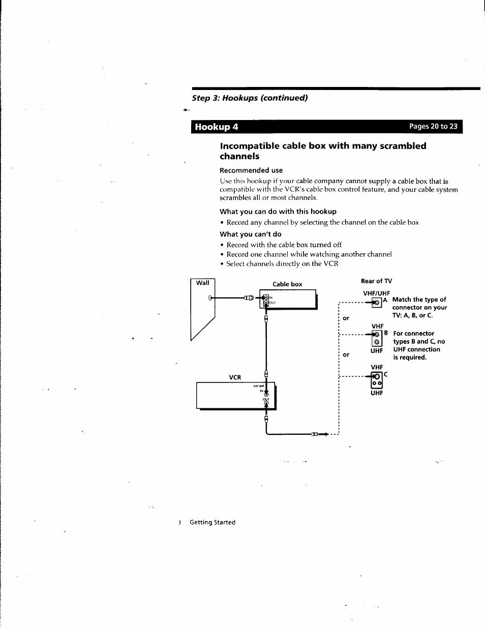 Hookup 4, Recommended use, What you can do with this hookup | Cable box, Rear of tv, Vhf/uhf la | Sony SLV-M10HF User Manual | Page 20 / 117