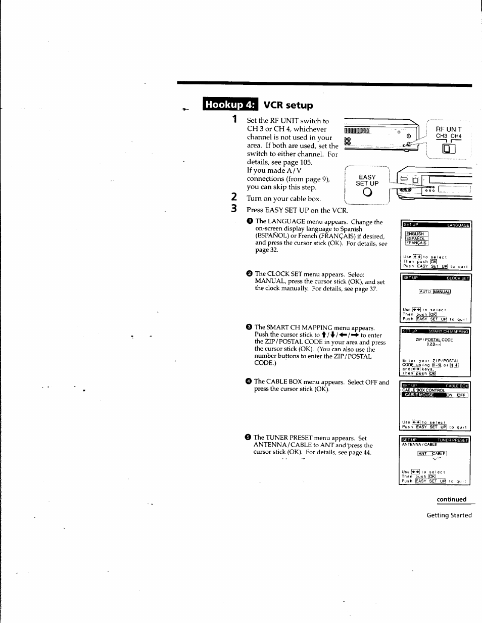 Continued, Hookup 4: vcr setup | Sony SLV-M10HF User Manual | Page 21 / 117