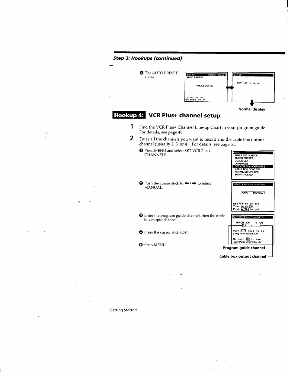 Program guide channel cable box output channel, Hookup 4: vcr plus+ channel setup, Step 3: hookups (continued) | Sony SLV-M10HF User Manual | Page 22 / 117