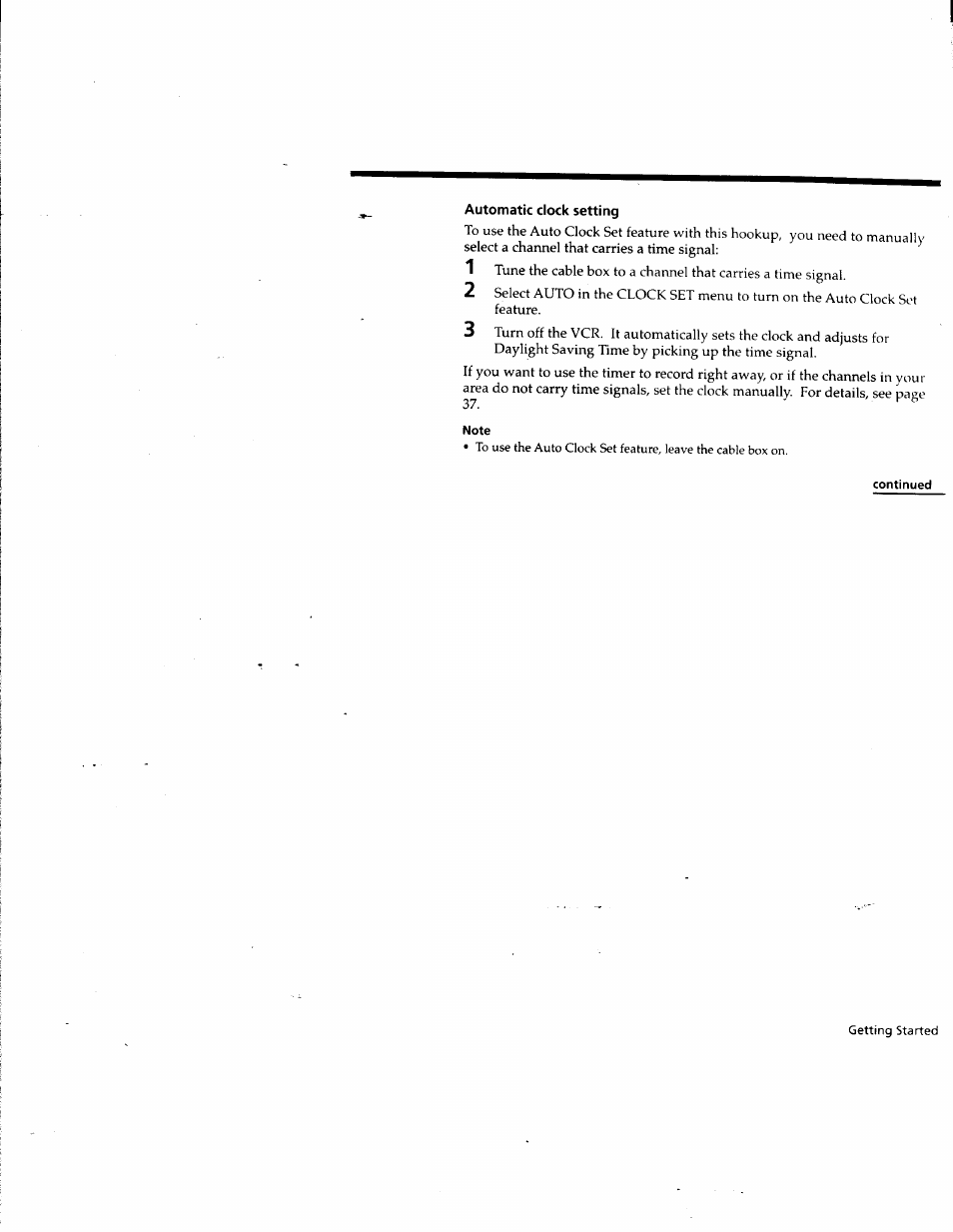 Automatic clock setting, Note, Continued | Sony SLV-M10HF User Manual | Page 23 / 117