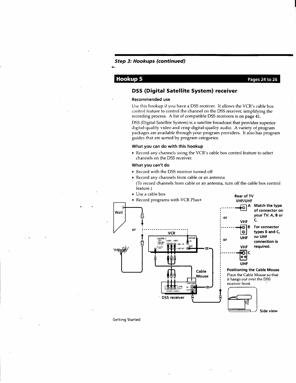 Hookup 5, Dss (digital satellite system) receiver, Recommended use | What you can do with this hookup, What you can't do | Sony SLV-M10HF User Manual | Page 24 / 117