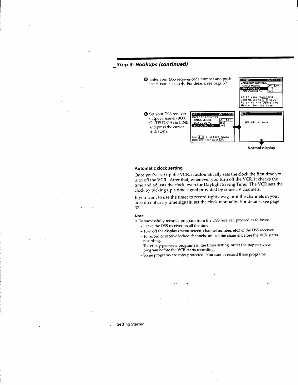 Normal display, Automatic clock setting, Note | Sony SLV-M10HF User Manual | Page 26 / 117
