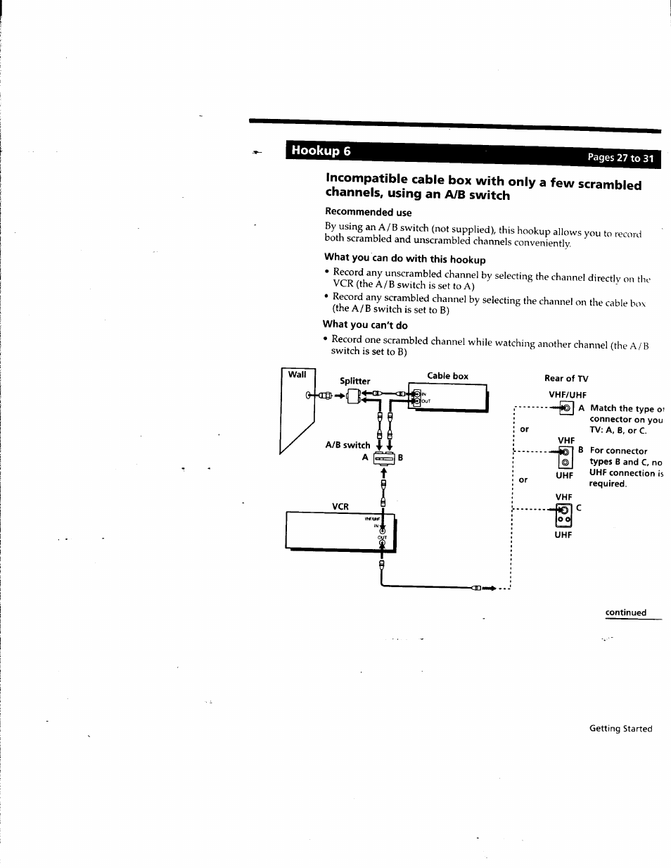 Hookup 6, Recommended use, What you can do with this hookup | What you can't do, Rear of tv vhf/uhf, Continued | Sony SLV-M10HF User Manual | Page 27 / 117