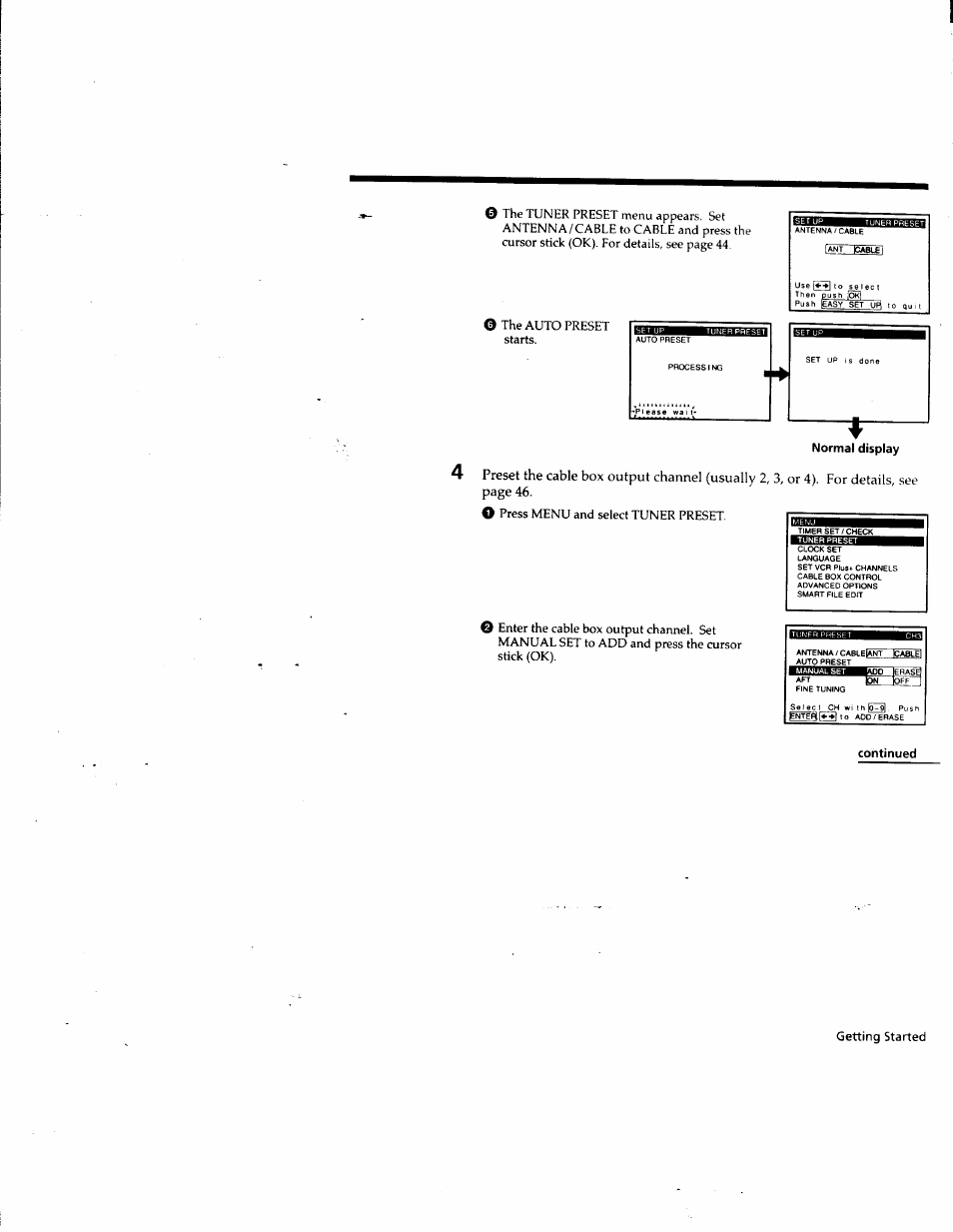 Normal display, Continued, Press menu and select tuner preset | Sony SLV-M10HF User Manual | Page 29 / 117