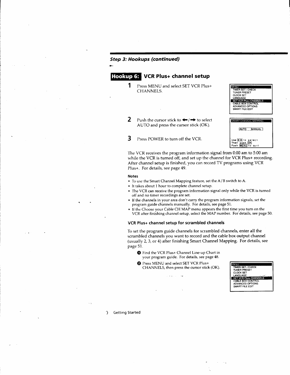 Vcr plus+ channel setup, Vcr plus+ channel setup for scrambled channels, Hookup 6: vcr plus+ channel setup | Step 3; hookups (continued) | Sony SLV-M10HF User Manual | Page 30 / 117