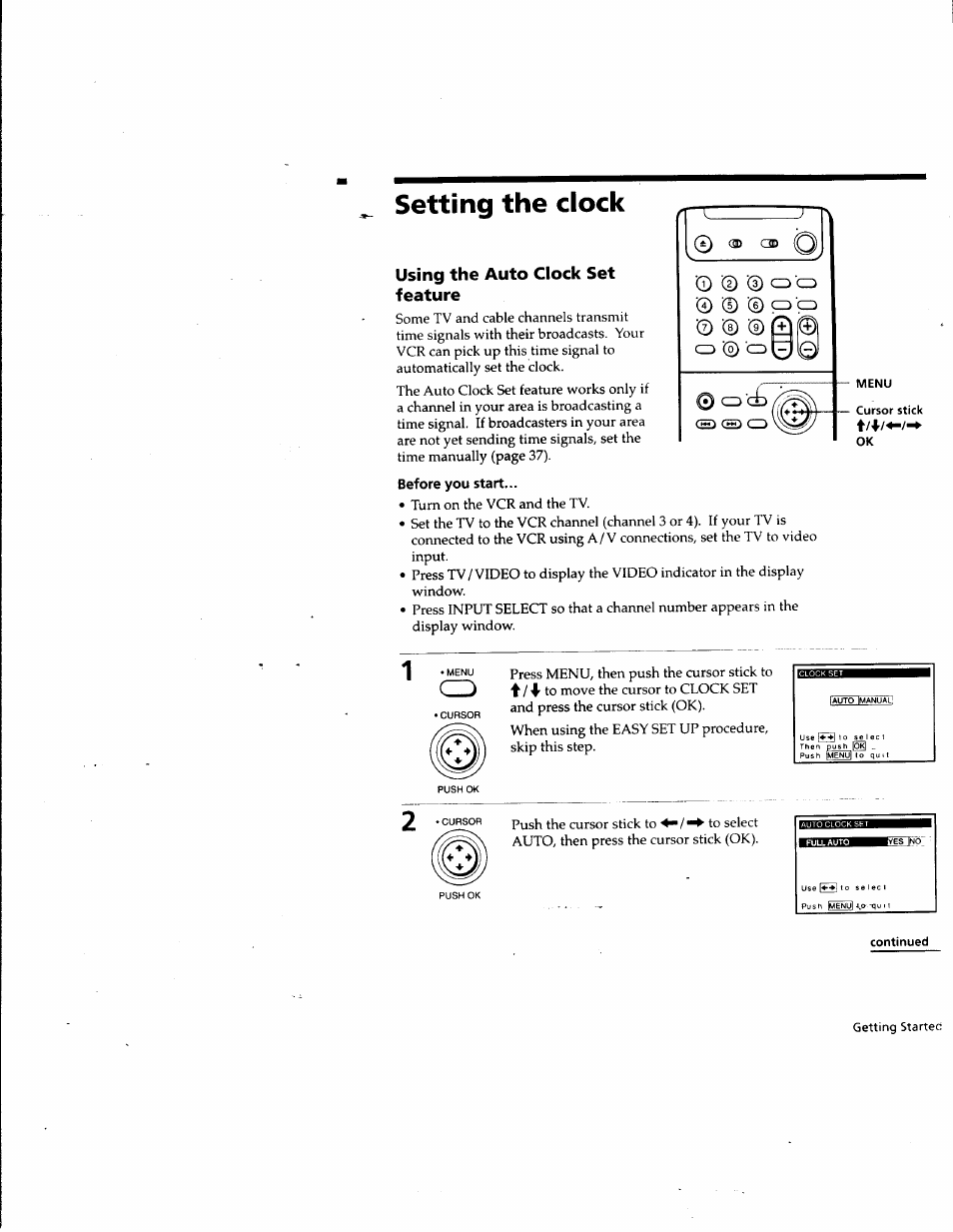 Setting the clock, Using the auto clock set feature, Before you start | Sony SLV-M10HF User Manual | Page 33 / 117