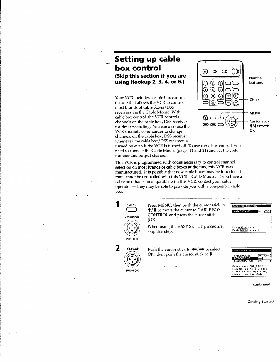 Setting up cable box control, Number, Continued | Sony SLV-M10HF User Manual | Page 39 / 117