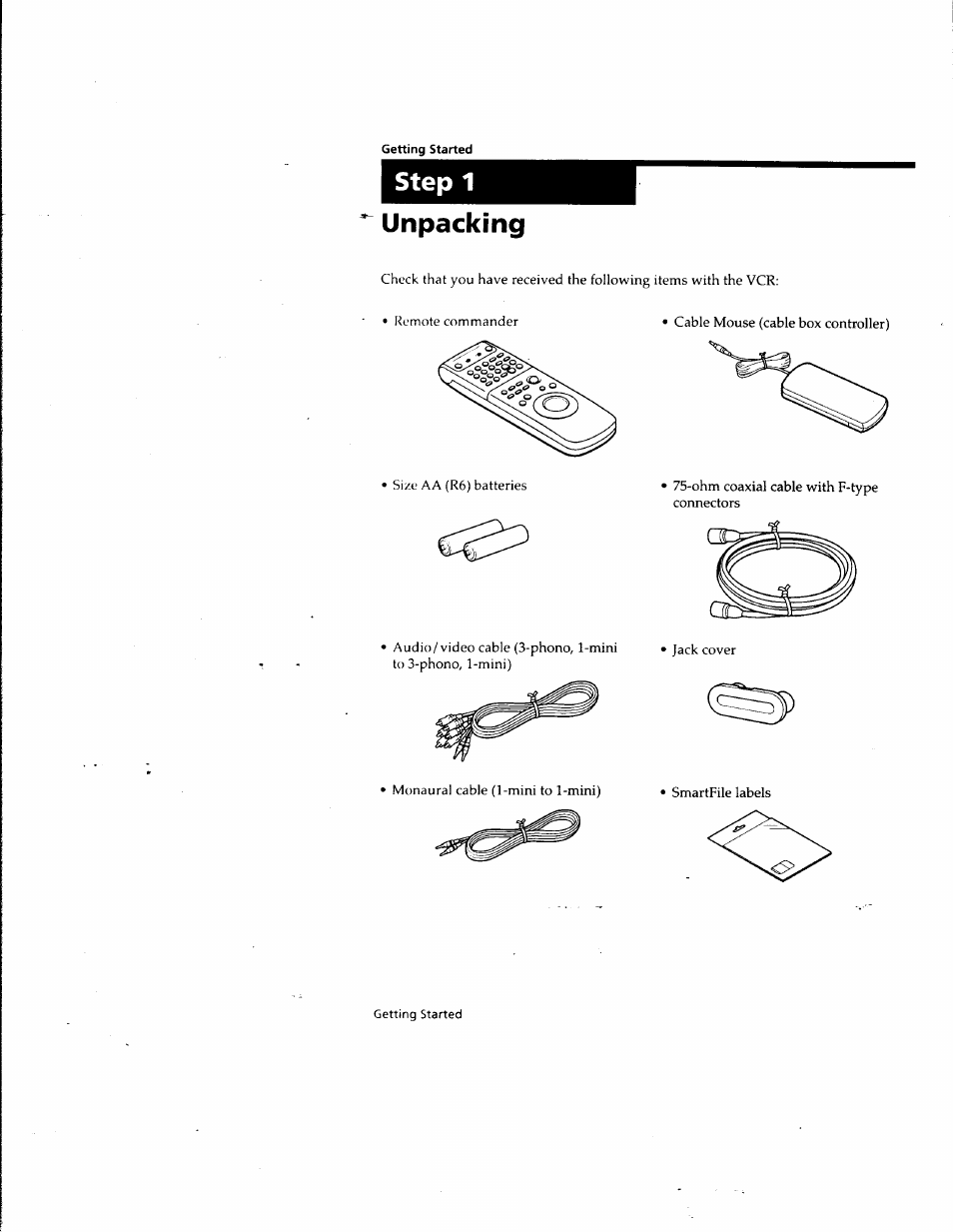 Getting started, Step 1, Unpacking | Step 1 unpacking | Sony SLV-M10HF User Manual | Page 4 / 117