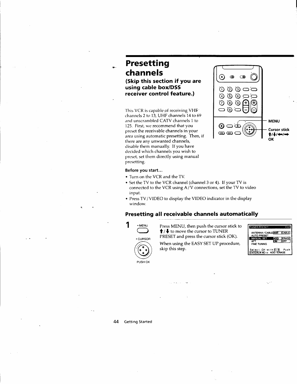 Presetting, Channels, Before you start | Presetting all receivable channels automatically, Presetting channels | Sony SLV-M10HF User Manual | Page 44 / 117