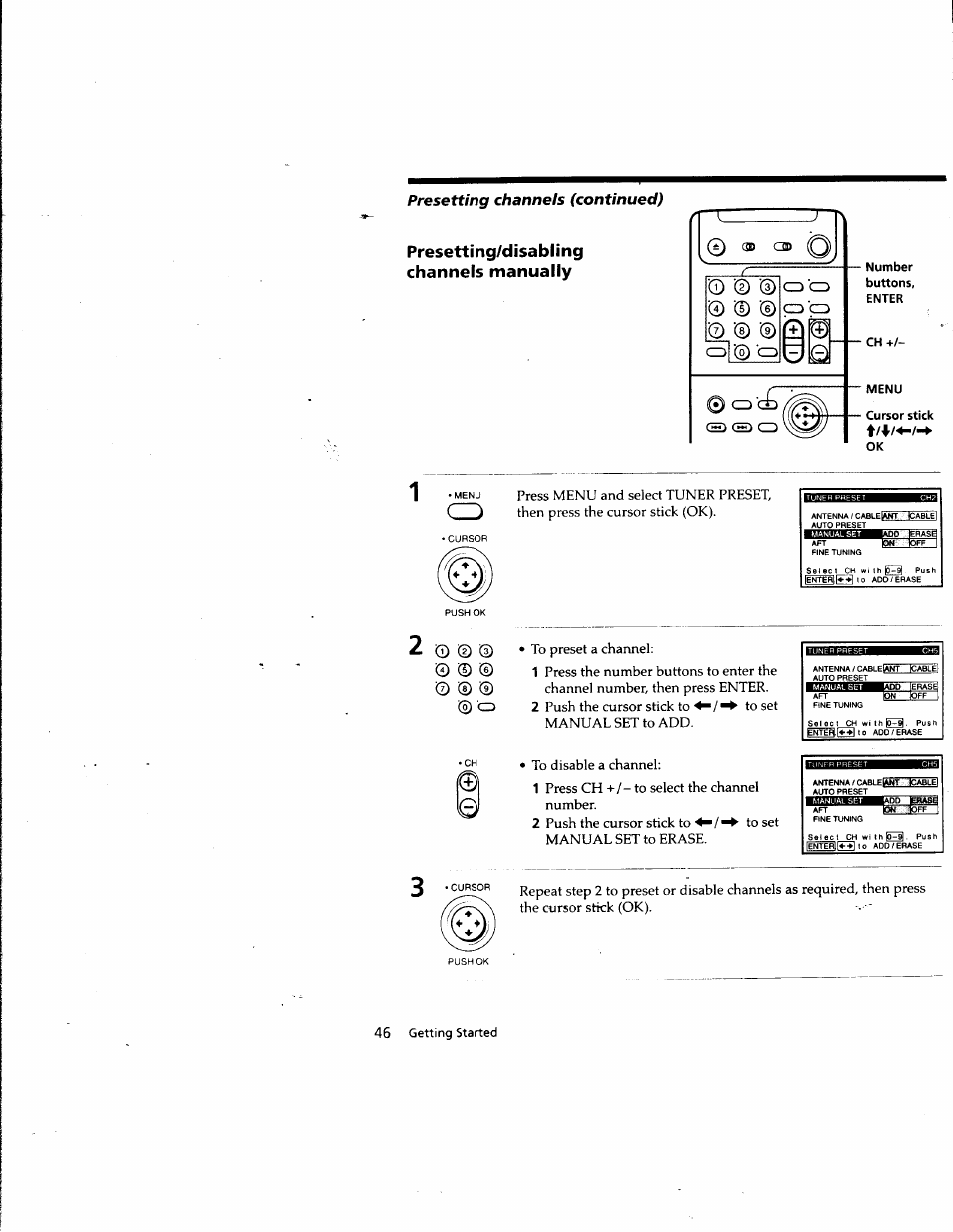 Presetting/disabling channels manually, Presetting channels (continued) | Sony SLV-M10HF User Manual | Page 46 / 117