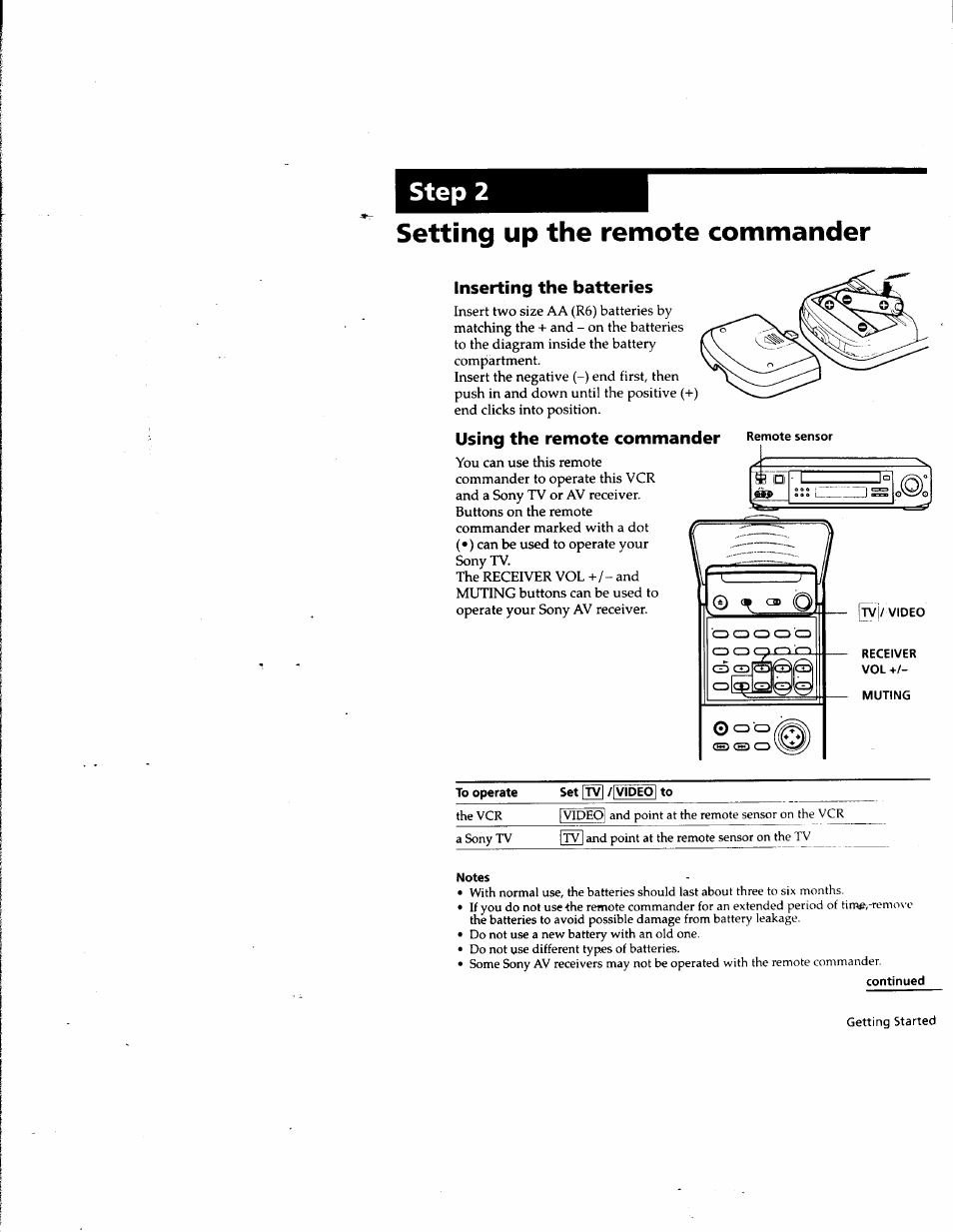 Setting up the remote commander, Inserting the batteries, Using the remote commander | Set /ivideol to, Step 2 setting up the remote commander | Sony SLV-M10HF User Manual | Page 5 / 117