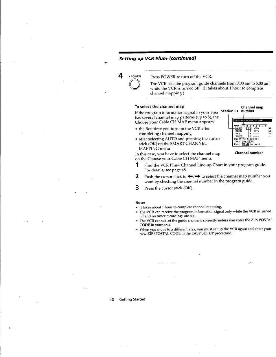 To select the channel map, Notes, Setting up vcr plus* (continued) | Sony SLV-M10HF User Manual | Page 50 / 117