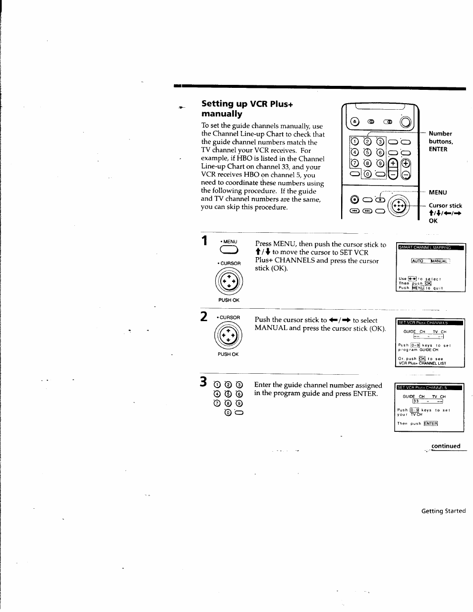 Setting up vcr plus+ manually, Cursor stick ok, Continued | Siiggi | Sony SLV-M10HF User Manual | Page 51 / 117