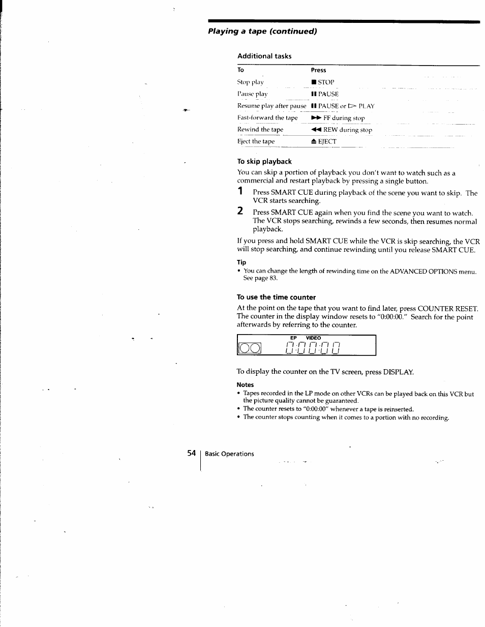 Additional tasks, Press, To skip playback | To use the time counter, Notes | Sony SLV-M10HF User Manual | Page 54 / 117