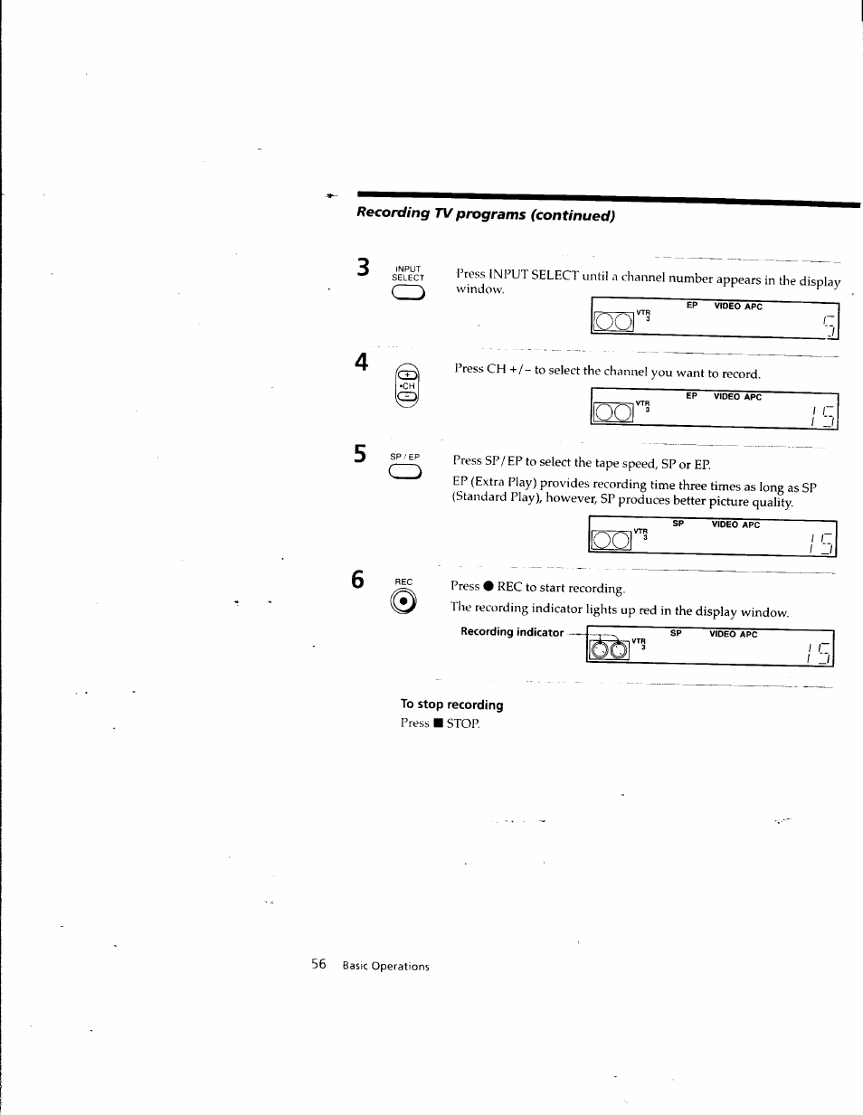 To stop recording, Recording tv programs (continued) | Sony SLV-M10HF User Manual | Page 56 / 117