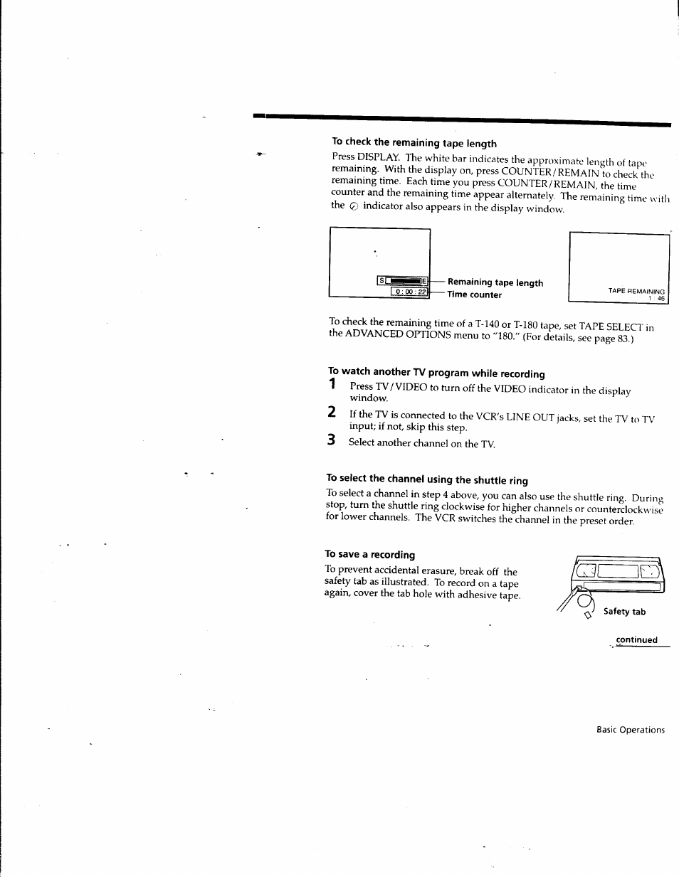 To check the remaining tape length, To select the channel using the shuttle ring, To save a recording | Sony SLV-M10HF User Manual | Page 57 / 117