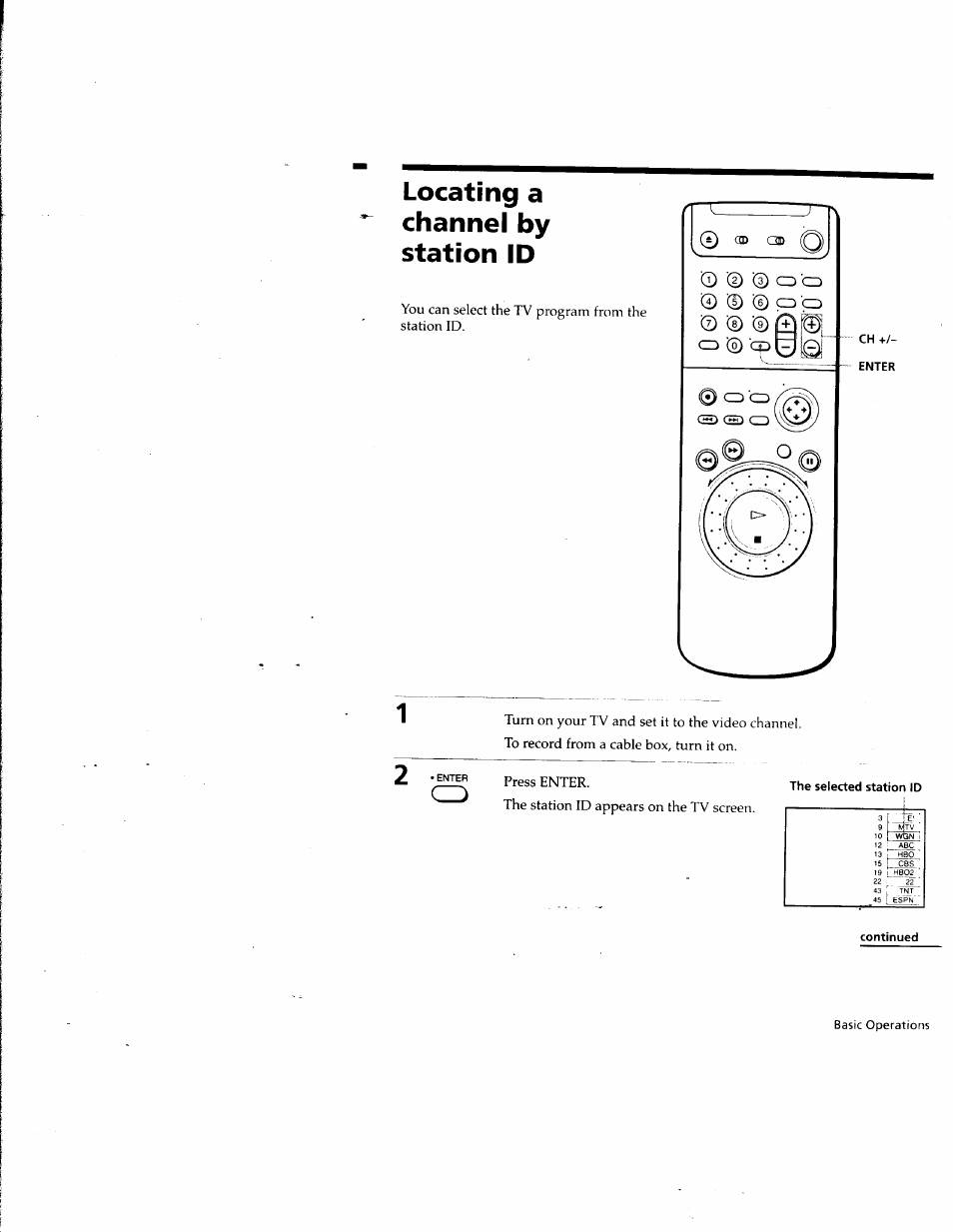 Locating a channel by station id, The selected station id, Continued | 0 0 © q | Sony SLV-M10HF User Manual | Page 59 / 117