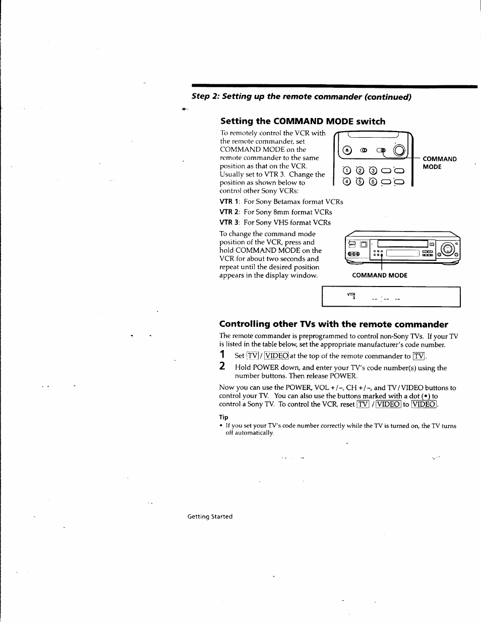 Setting the command mode switch, Command, Mode | Controlling other tvs with the remote commander | Sony SLV-M10HF User Manual | Page 6 / 117