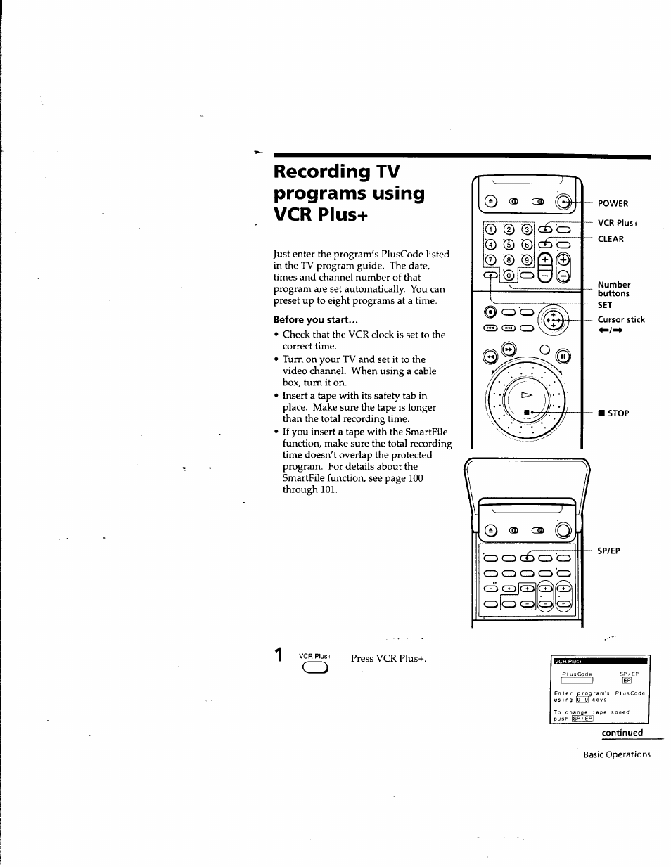 Recording tv programs using vcr plus, Before you start, Power | Vcr plus+ clear, Continued | Sony SLV-M10HF User Manual | Page 61 / 117