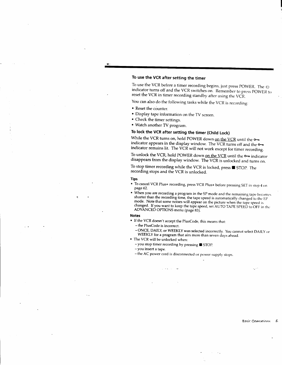 To use the vcr after setting the timer, Tips, Notes | Sony SLV-M10HF User Manual | Page 63 / 117