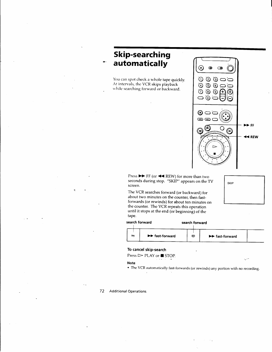 Skip-searching, Automatically, Search forward search forward | Fast-forward, To cancel skip-search, Note, Skip-searching automatically | Sony SLV-M10HF User Manual | Page 71 / 117