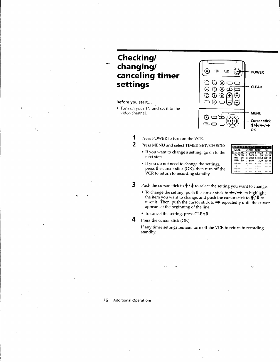 Csd qd, Power, Clear | Before you start, Checking/ changing/ canceling timer settings | Sony SLV-M10HF User Manual | Page 75 / 117
