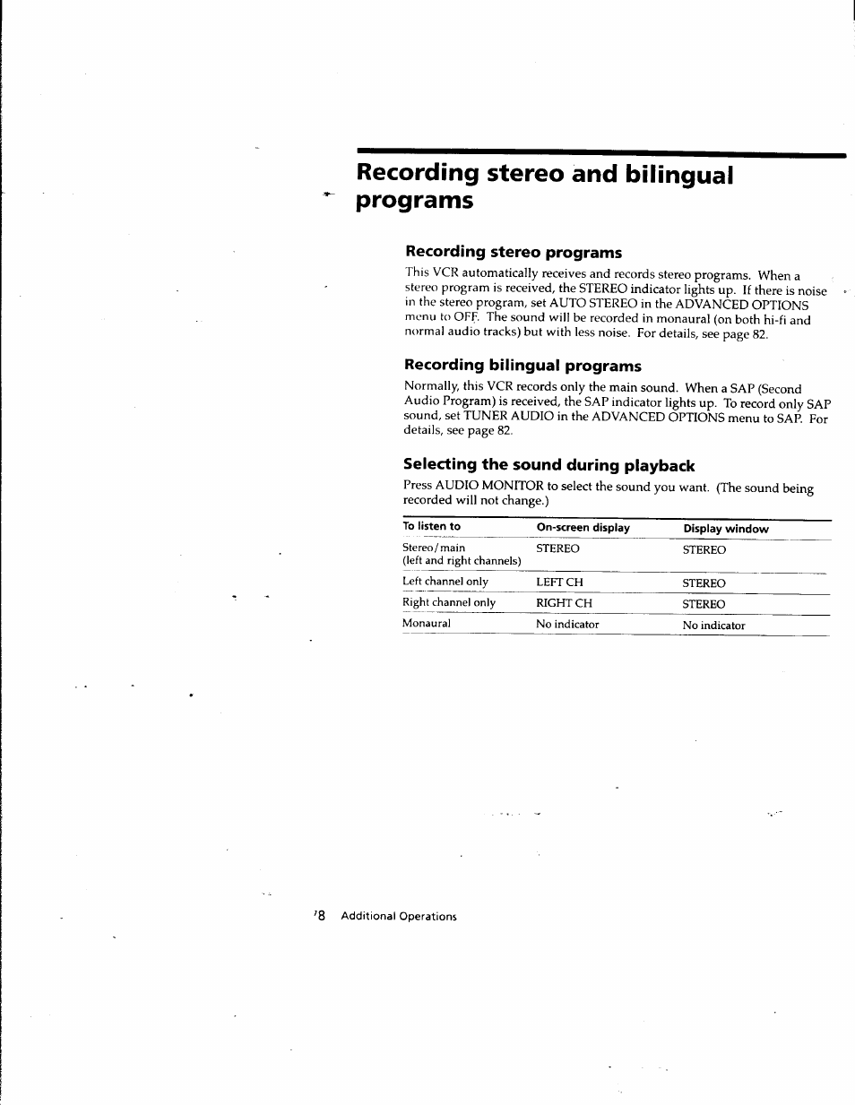 Recording stereo and bilingual programs, Recording stereo programs, Recording bilingual programs | Selecting the sound during playback | Sony SLV-M10HF User Manual | Page 77 / 117