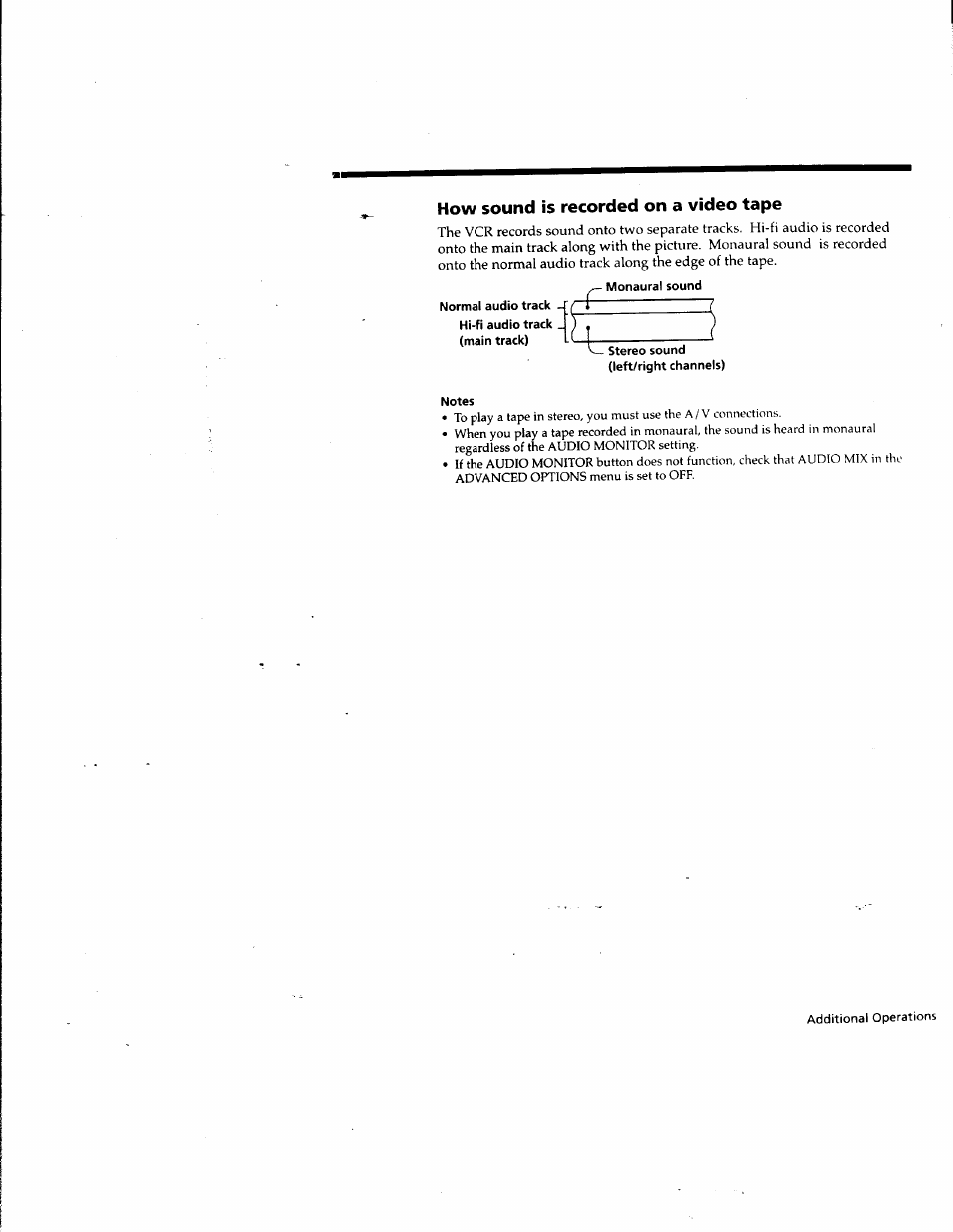 How sound is recorded on a video tape, Monaural sound, Notes | Sony SLV-M10HF User Manual | Page 78 / 117