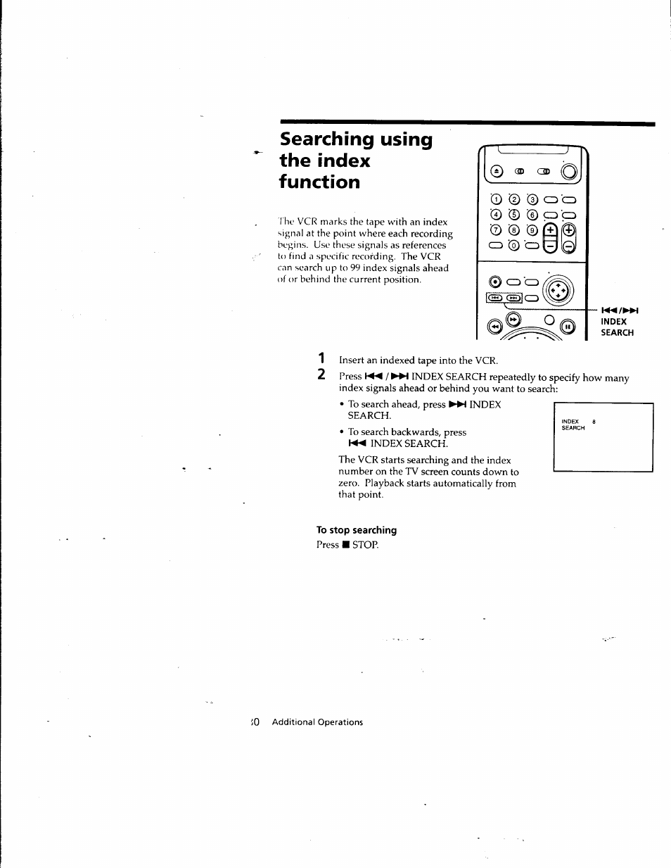 Searching using the index function, 3d qd, Index | Search, To stop searching | Sony SLV-M10HF User Manual | Page 79 / 117