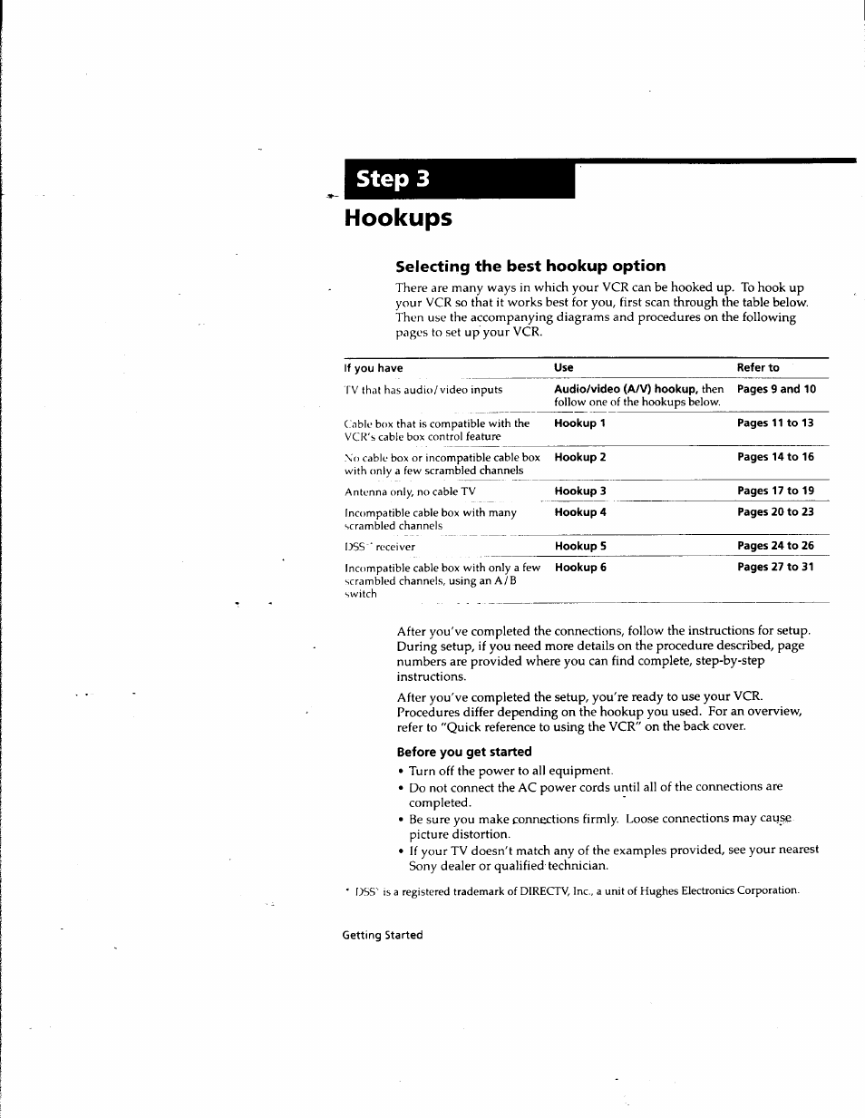 Hookups, Selecting the best hookup option, Before you get started | Step 3 hookups | Sony SLV-M10HF User Manual | Page 8 / 117
