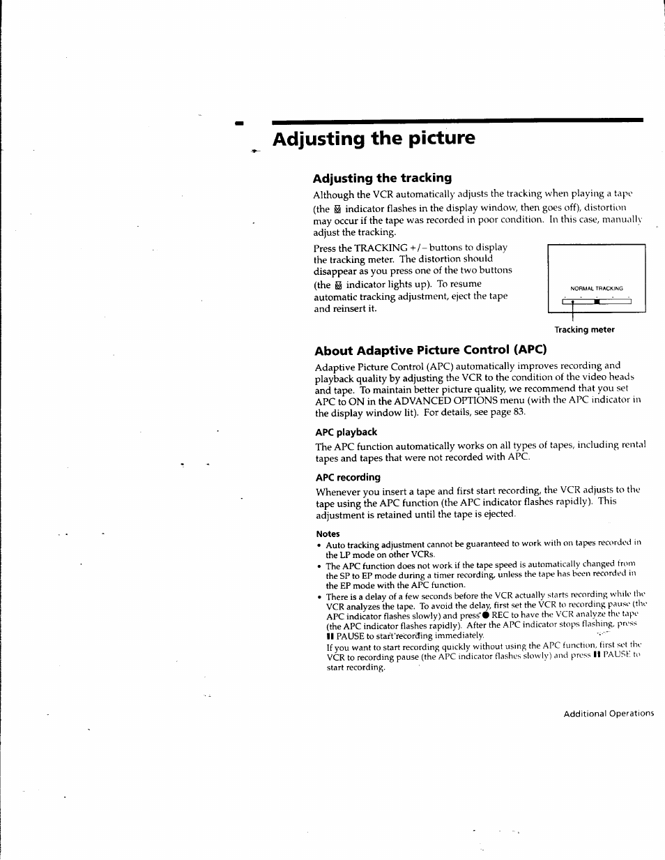 Adjusting the picture, Adjusting the tracking, Tracking meter | About adaptive picture control (apc), Apc playback, Apc recording, Notes | Sony SLV-M10HF User Manual | Page 80 / 117