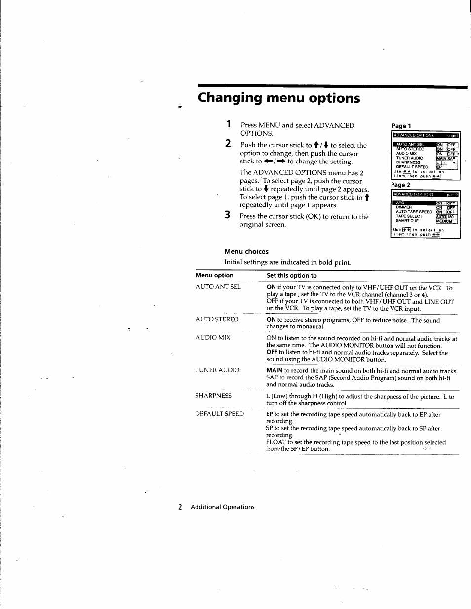 Changing menu options, Menu choices, Set this option to | Sony SLV-M10HF User Manual | Page 81 / 117