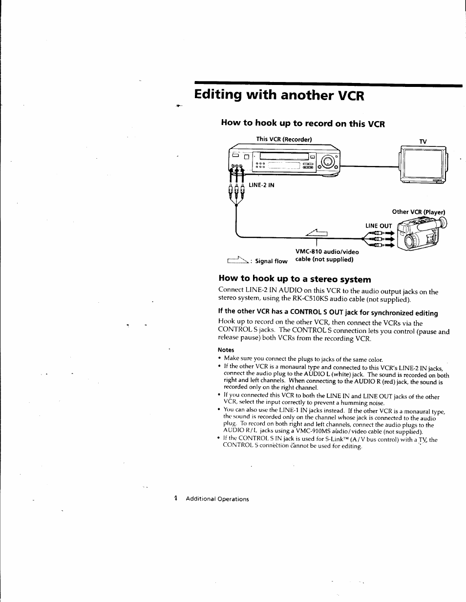 Editing with another vcr, How to hook up to record on this vcr, How to hook up to a stereo system | Notes | Sony SLV-M10HF User Manual | Page 83 / 117