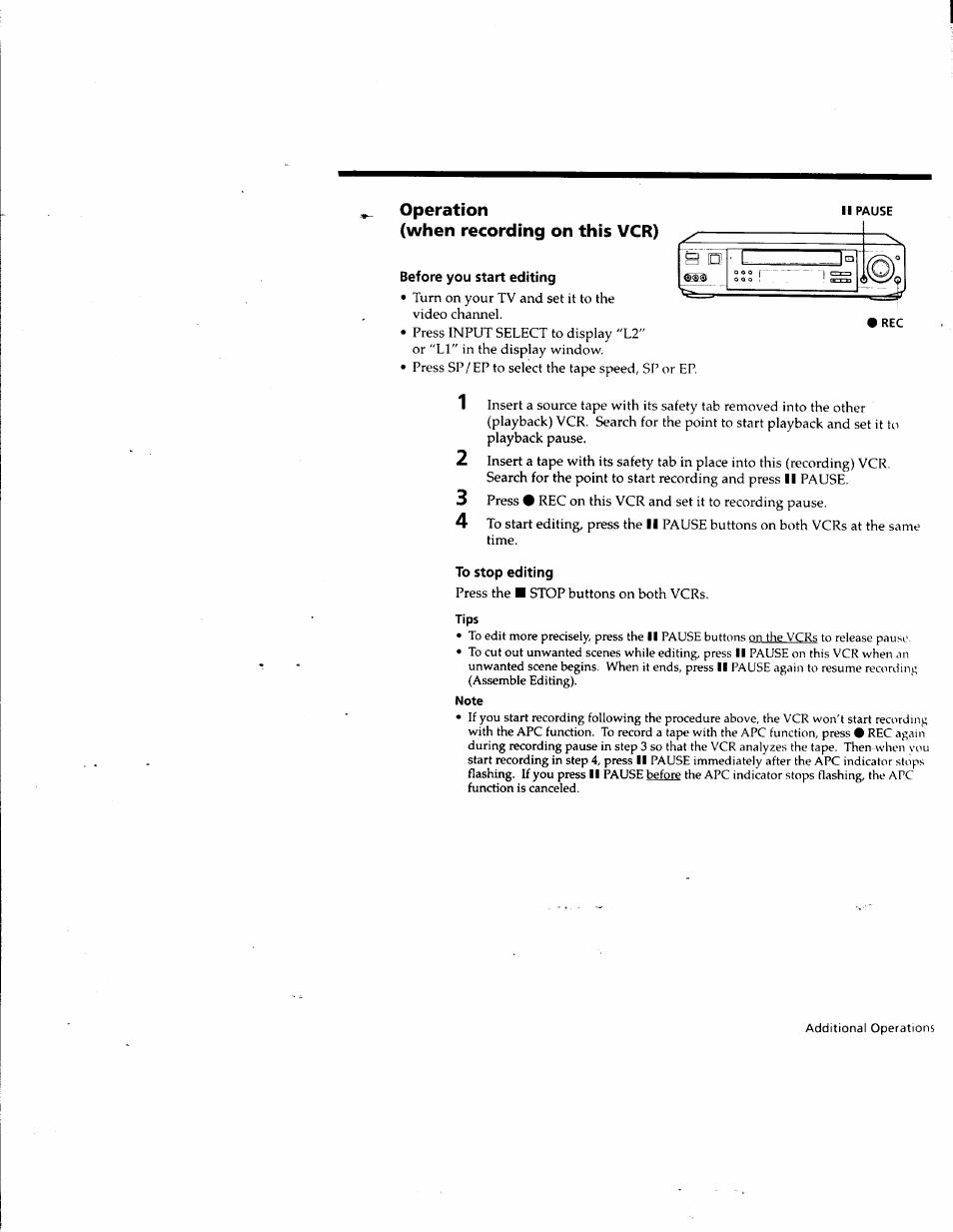 Operation, When recording on this vcr), Before you start editing | To stop editing, Tips, Note, Operation (when recording on this vcr) | Sony SLV-M10HF User Manual | Page 84 / 117