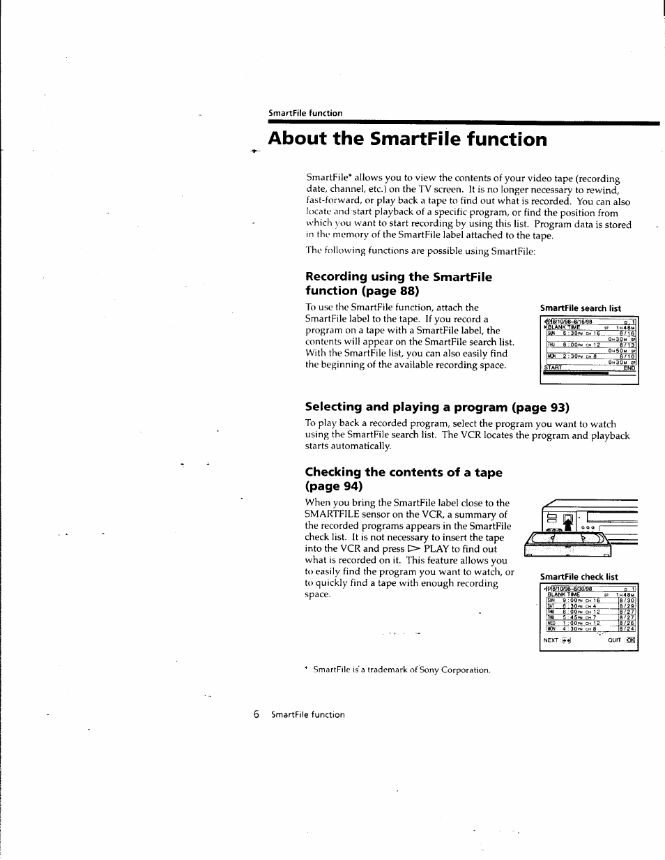 Smartfile function, About the smartfile function, Smartfile search list | Recording using the smartfile function (page 88), Selecting and playing a program (page 93), Checking the contents of a tape (page 94), 5 smartfile function, Smartfile check list, Smartfile is'a trademark of sony corporation | Sony SLV-M10HF User Manual | Page 85 / 117