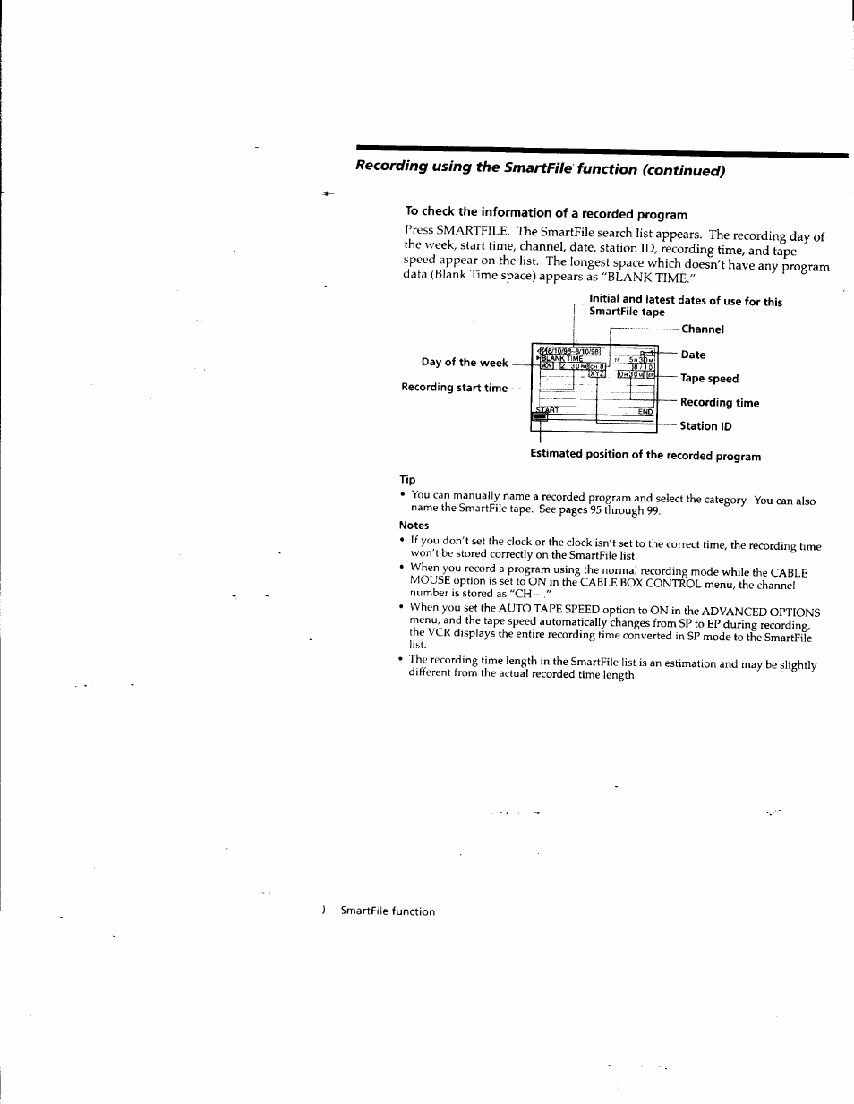 To check the information of a recorded program, Initial and latest dates of use for this, Notes | Recording using the smartfile function (continued) | Sony SLV-M10HF User Manual | Page 89 / 117