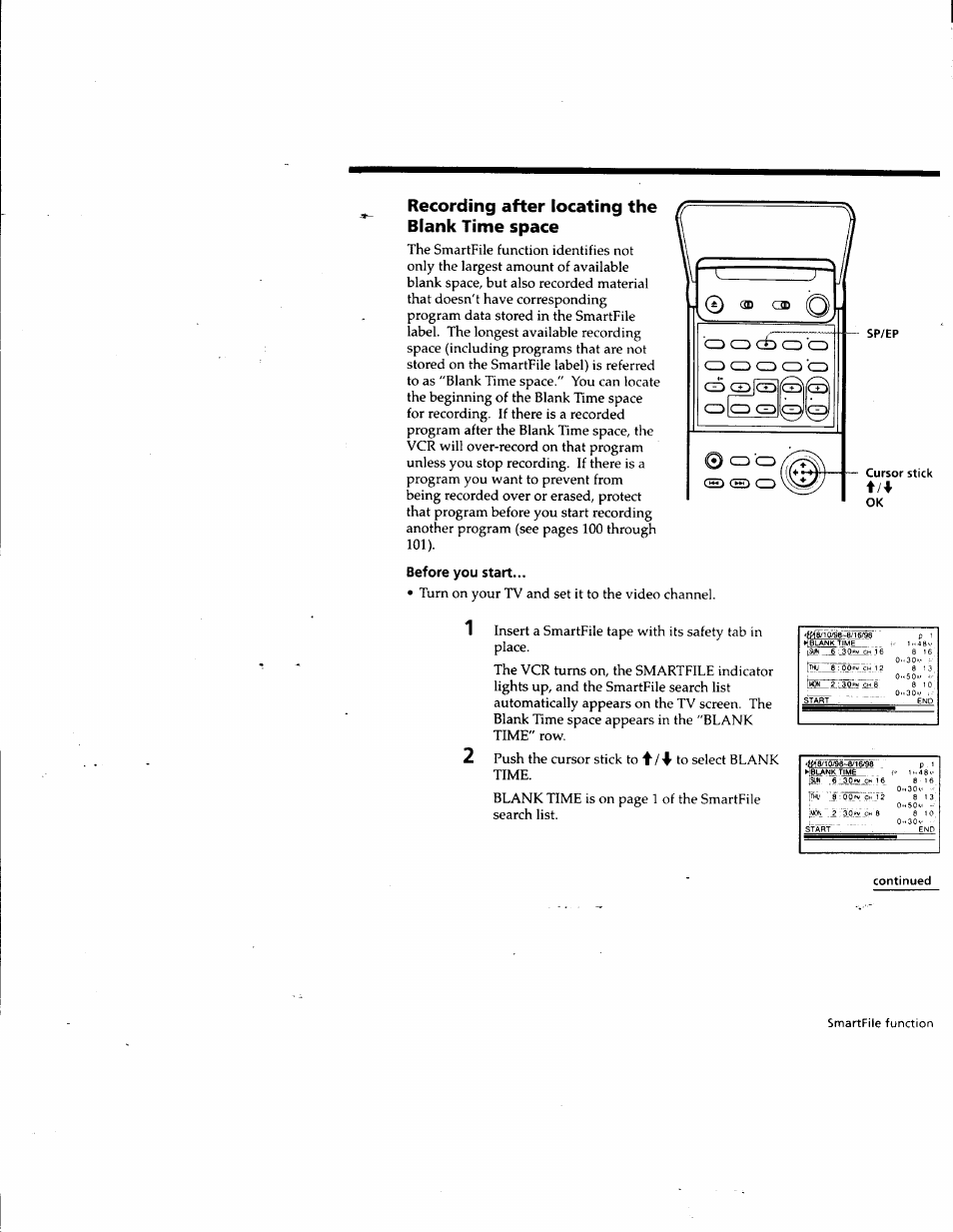 Recording after locating the blank time space, Before you start, Turn on your tv and set it to the video channel | Smartfile function, Sp/ep cursor stick ok, Continued | Sony SLV-M10HF User Manual | Page 90 / 117