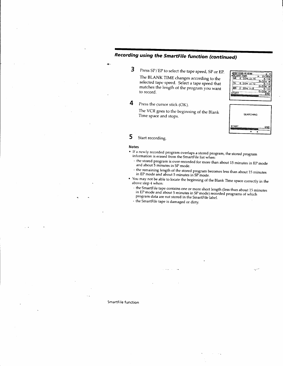 Notes, Recording using the smartfile function (continued) | Sony SLV-M10HF User Manual | Page 91 / 117