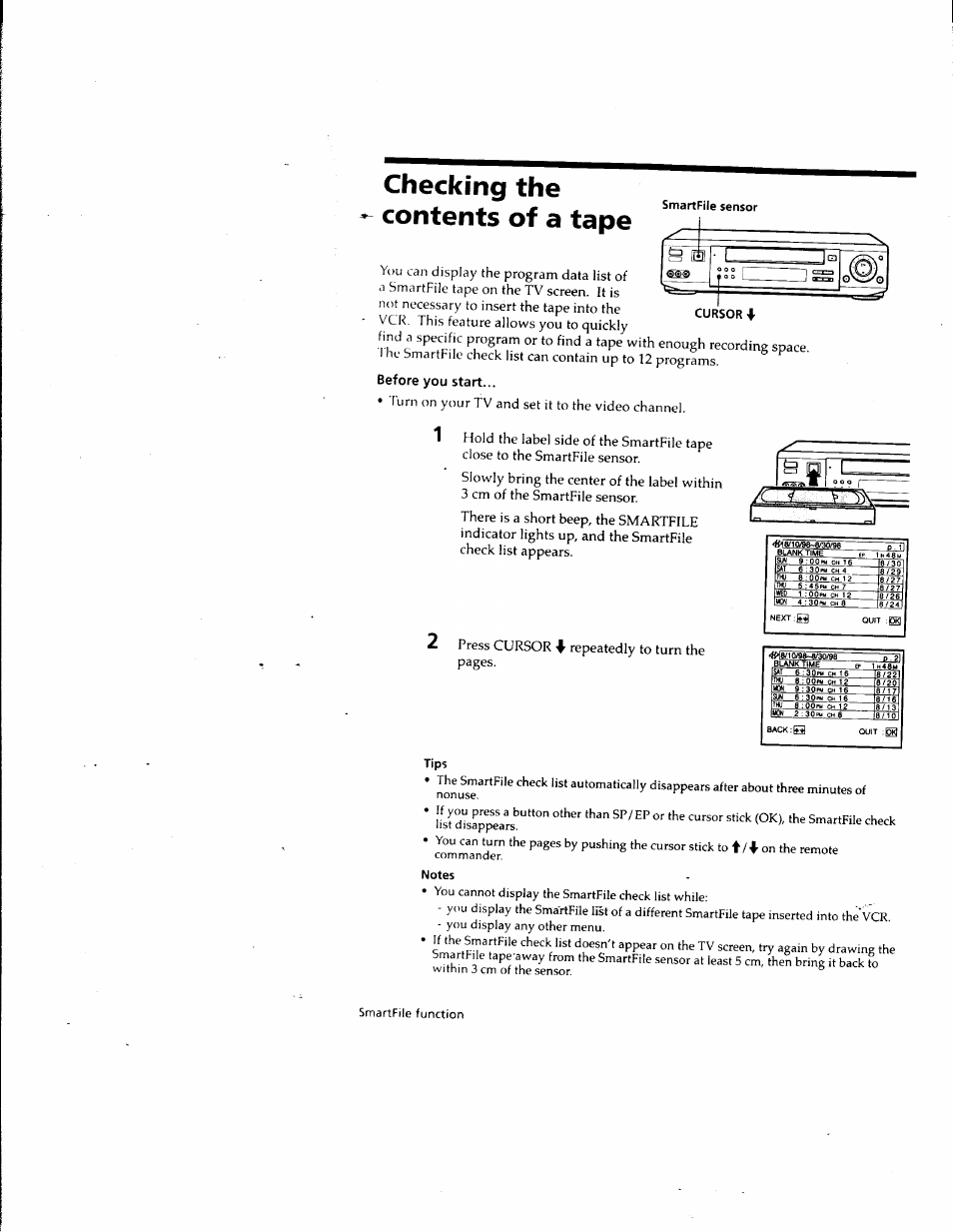 Checking the contents of a tape, Before you start, Tips | Notes, Turn on your tv and set it to the video channel, Press cursor repeatedly to turn the pages, Smartfile function, Smartfile sensor, Cursor •f | Sony SLV-M10HF User Manual | Page 93 / 117