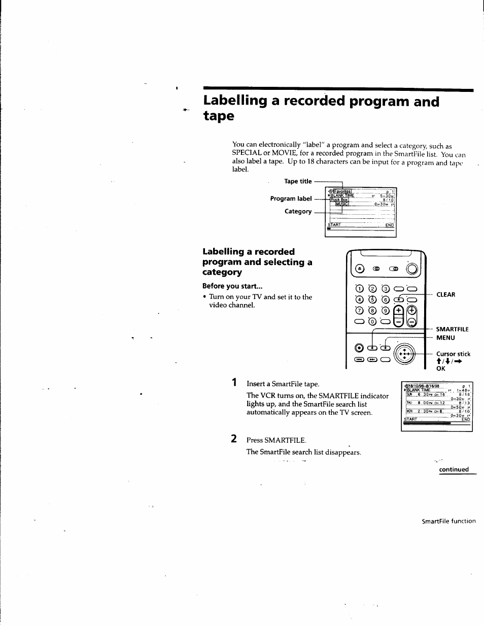 Labelling a recorded program and tape, Before you start, Continued | Sony SLV-M10HF User Manual | Page 94 / 117