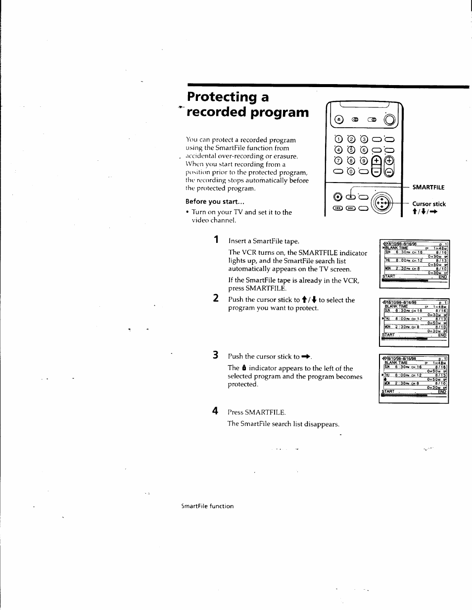 Protecting a recorded program, Before you start, Turn on your tv and set it to the video channel | Cd ’cd © © © cd o © © © q (0 cd © cd i, Smartfile function, Smartfile cursor stick | Sony SLV-M10HF User Manual | Page 99 / 117