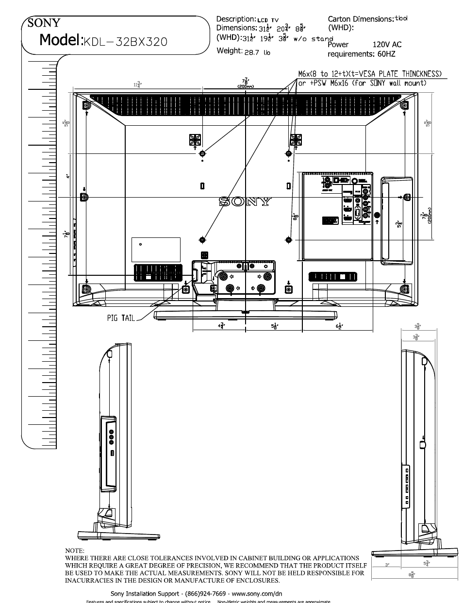 Whd):3li' 19^' si' w/o stand, Weight: 28.7 ib, Model | Sony KDL-32BX320 User Manual | Page 2 / 3