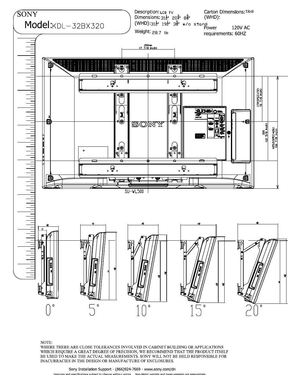 Whd):3li' 19^' si' w/o stand, Model | Sony KDL-32BX320 User Manual | Page 3 / 3