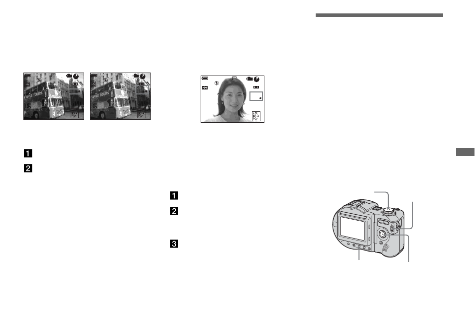 Aperture priority mode, Manual exposure mode, Choosing an auto focus method | Aperture priority mode manual exposure mode, Af range finder frame, Af mode, Cselect the aperture value | Sony MVC-CD500 User Manual | Page 47 / 132