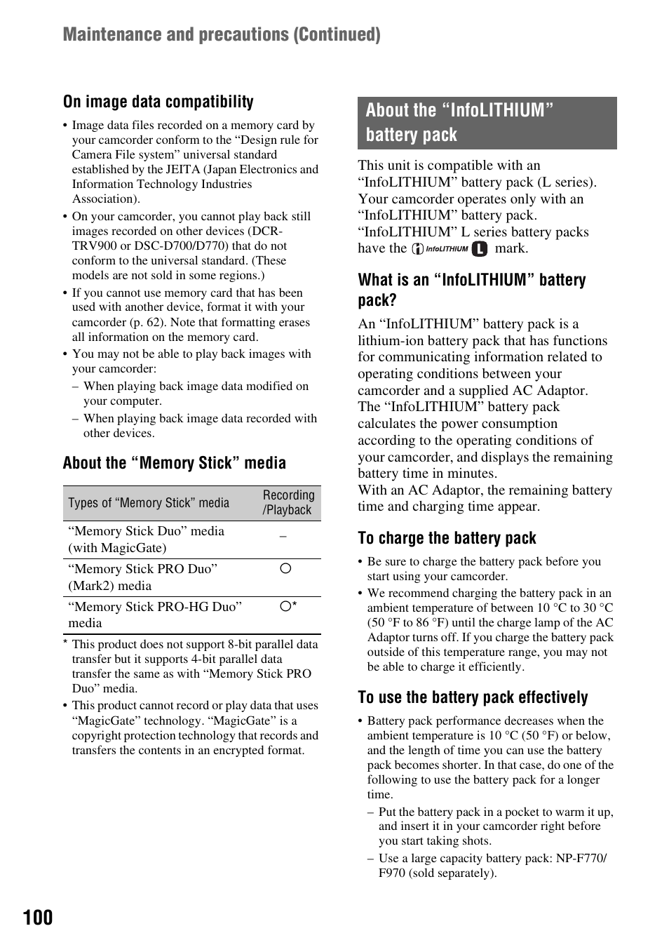 About the “infolithium” battery pack, N (p. 100), P. 100) | On image data compatibility, What is an “infolithium” battery pack | Sony HDR-AX2000 User Manual | Page 100 / 132