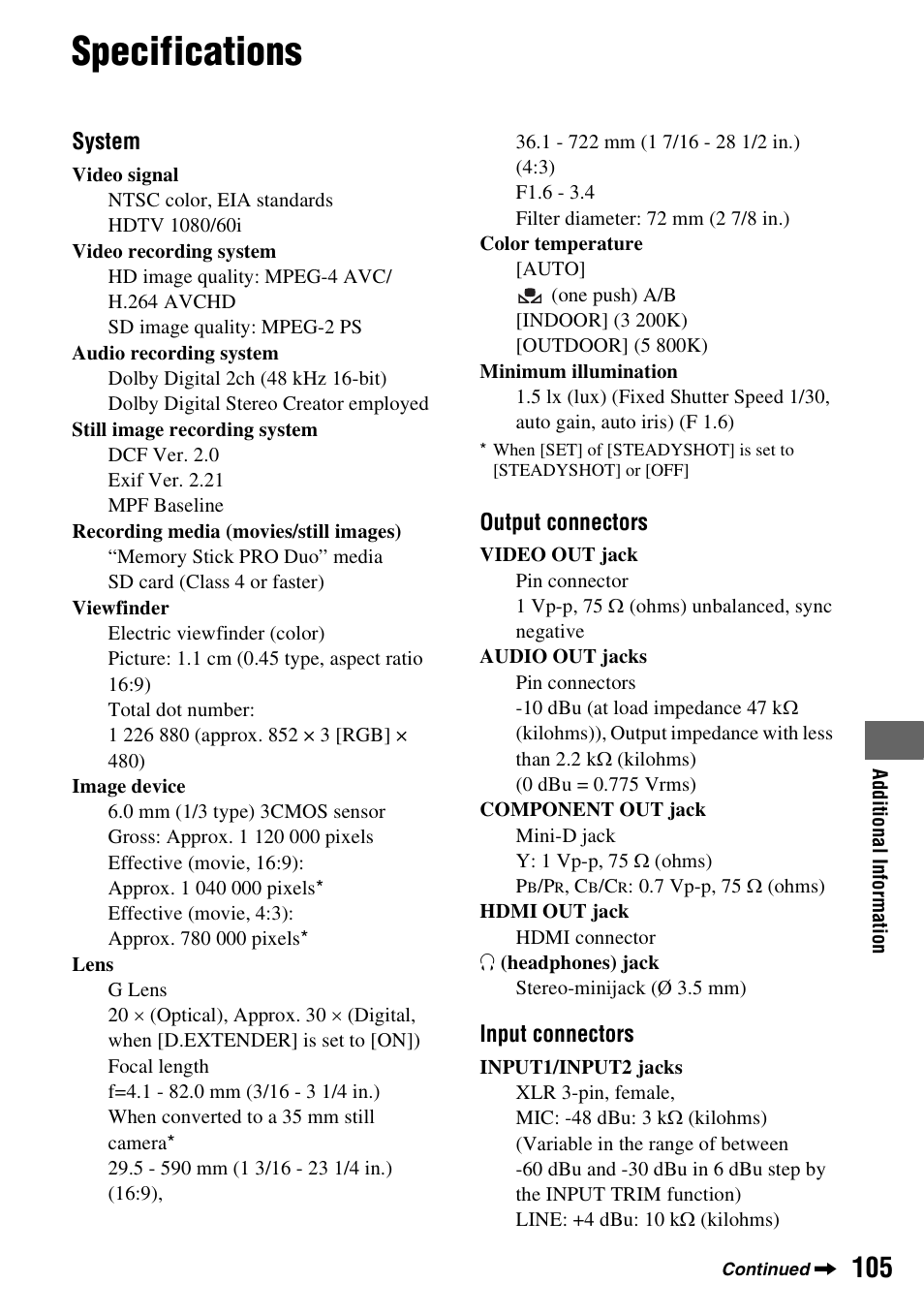 Specifications | Sony HDR-AX2000 User Manual | Page 105 / 132