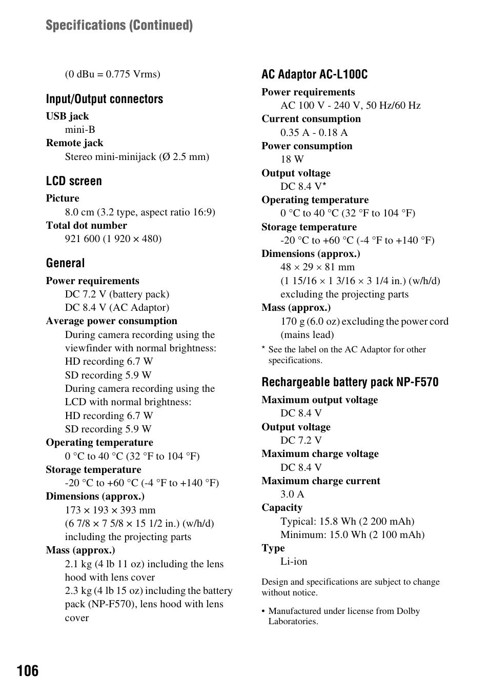 Specifications ( continued) | Sony HDR-AX2000 User Manual | Page 106 / 132