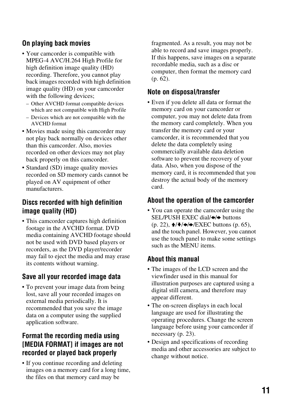 Sony HDR-AX2000 User Manual | Page 11 / 132