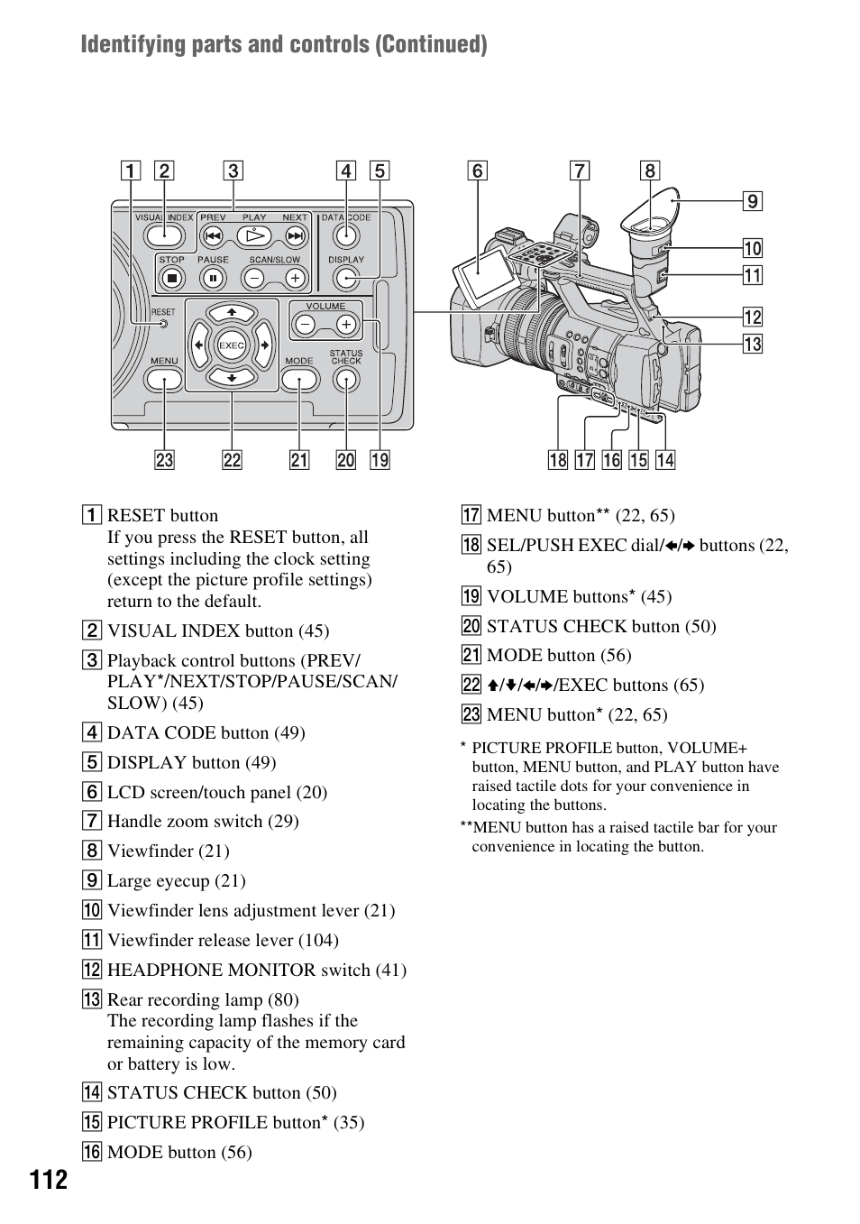 P. 112), N (p. 112, Identifying parts and controls (continued) | Sony HDR-AX2000 User Manual | Page 112 / 132