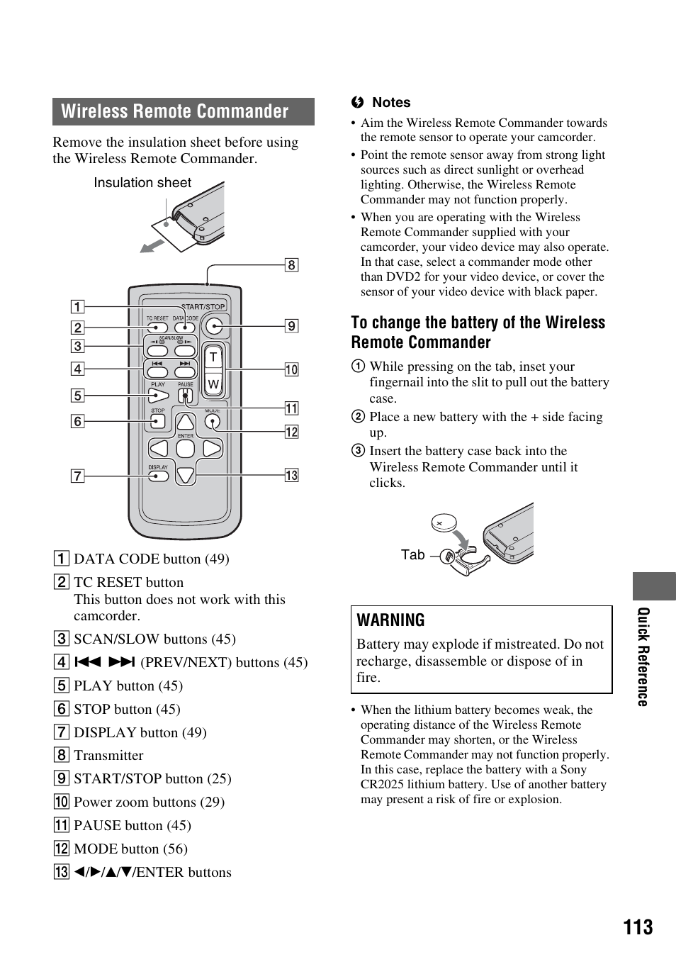 Wireless remote commander, P. 113, P. 113) | Sony HDR-AX2000 User Manual | Page 113 / 132